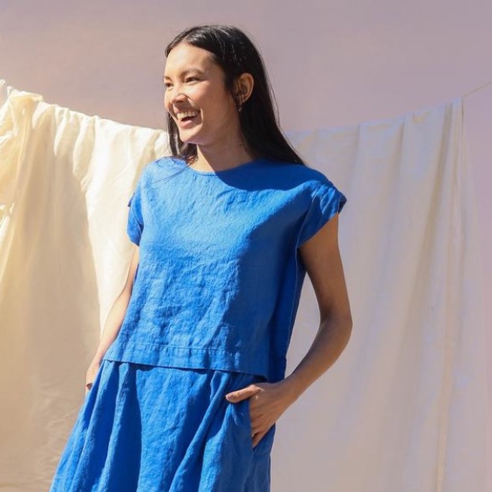 Pamut Apparel 100% linen cobalt blue shirt size small